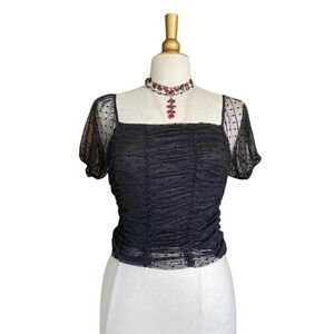 Ambiance Black Sheer Polka Dot Ruched Puff Sleeve Top Square Neck Sz Small Goth